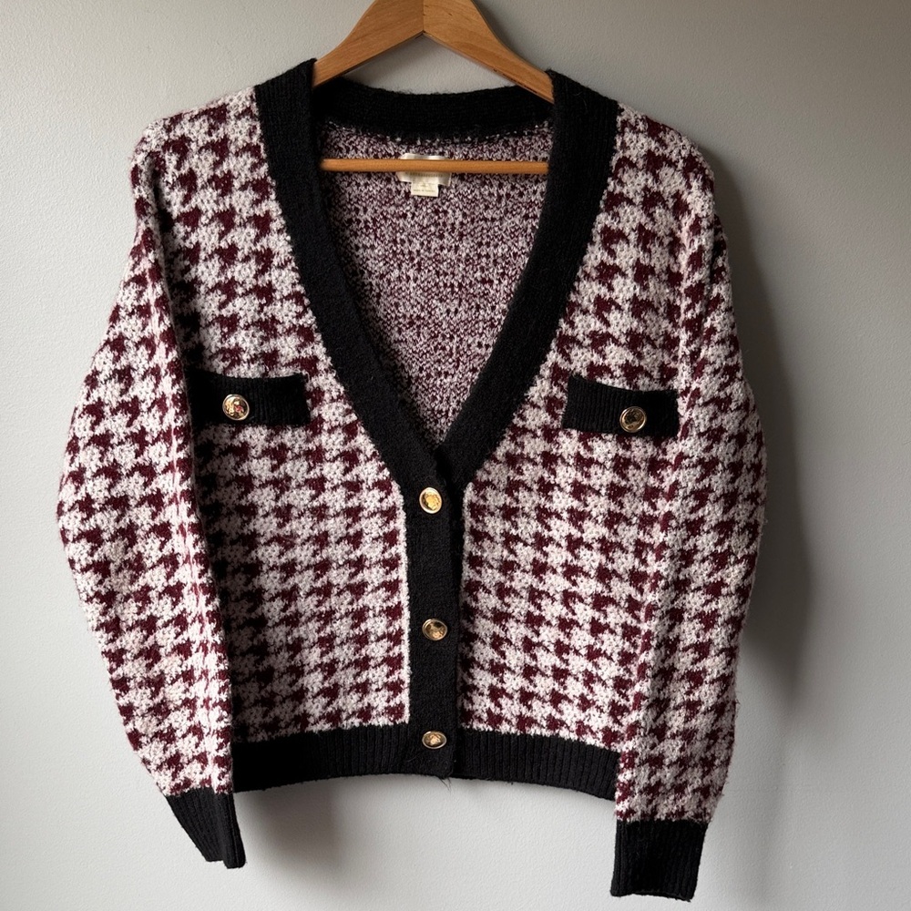 Anthropologie Maeve Chunky Soft Knit Houndstooth Cardigan Gold Hardware  Size S - Picture 4 of 8